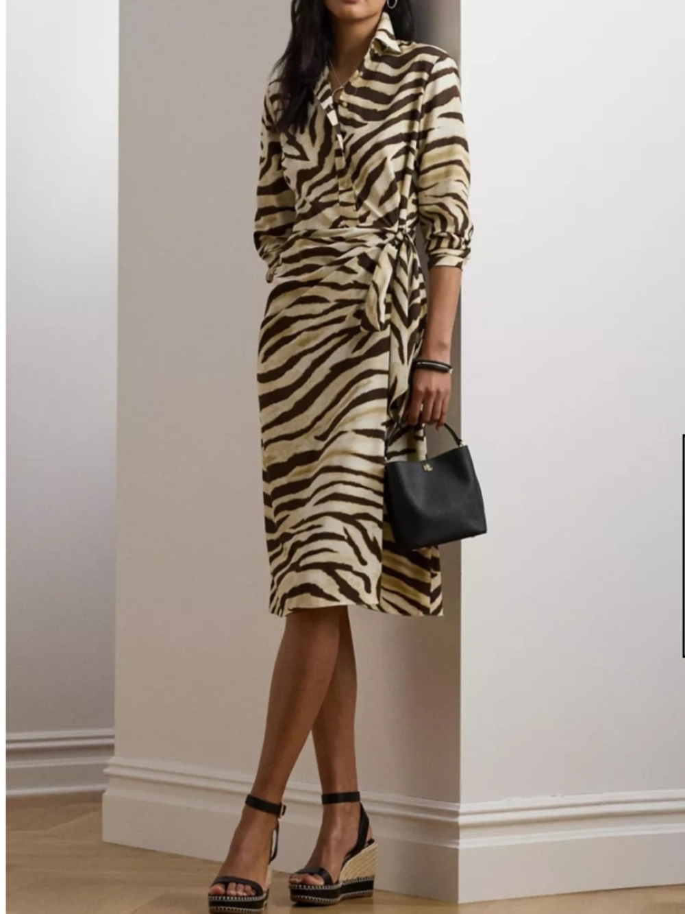 Ralph Lauren Beige and Brown Zebra-Print Midi Shirt Dress